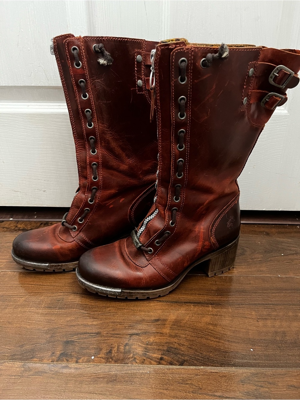Fly London Women's Lace-Up Mid-Calf Boots in Distressed Red-Brown Leather - Picture 3 of 6